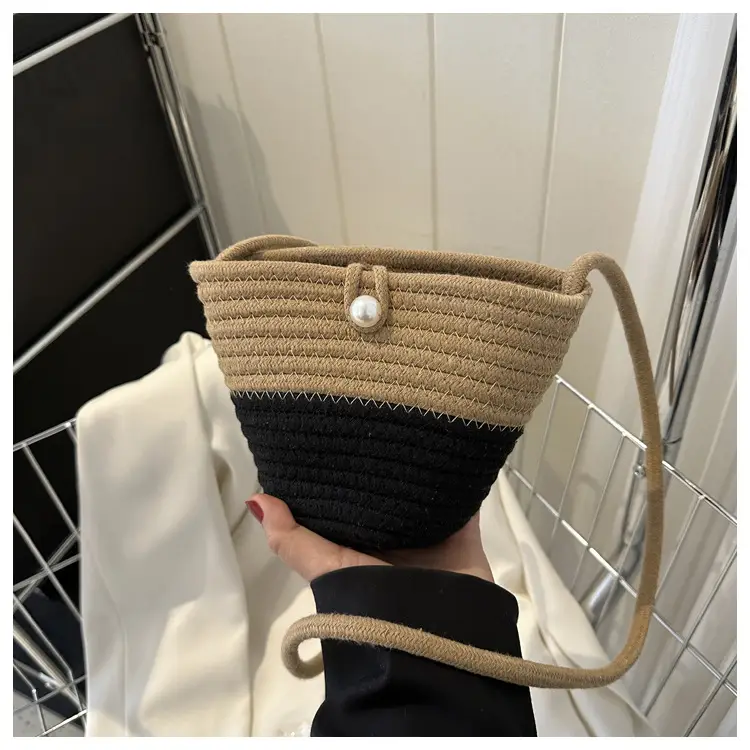 Woven Beige Shoulder Messenger Bag with Yellow Bow — feature 24
