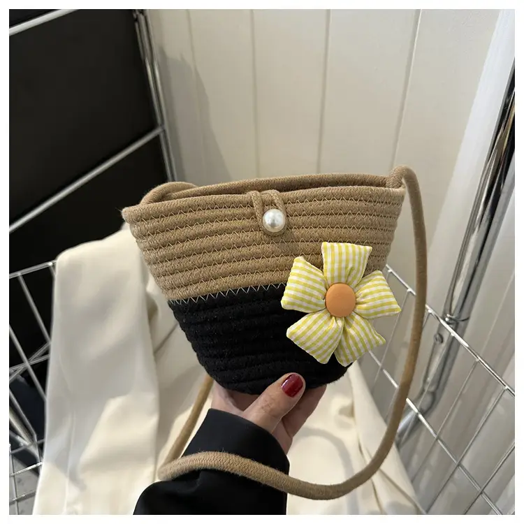 Woven Beige Shoulder Messenger Bag with Yellow Bow — feature 25