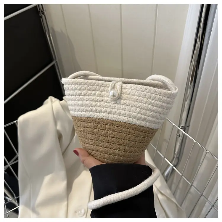 Woven Beige Shoulder Messenger Bag with Yellow Bow — feature 26