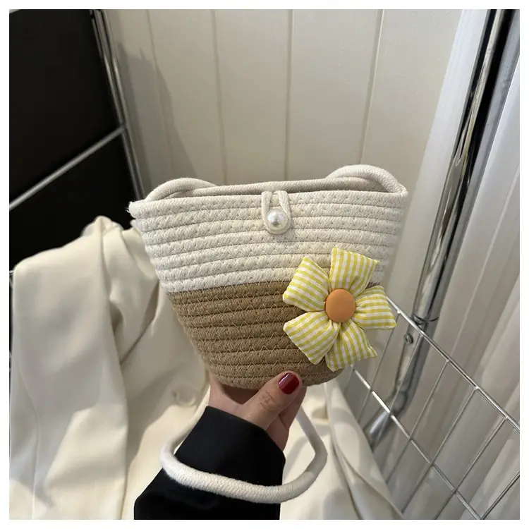Woven Beige Shoulder Messenger Bag with Yellow Bow — feature 27