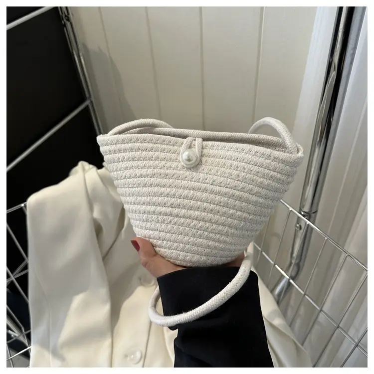 Woven Beige Shoulder Messenger Bag with Yellow Bow — feature 28