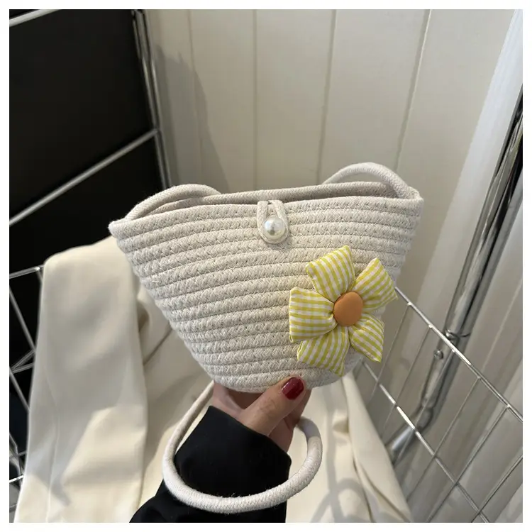 Woven Beige Shoulder Messenger Bag with Yellow Bow — feature 29