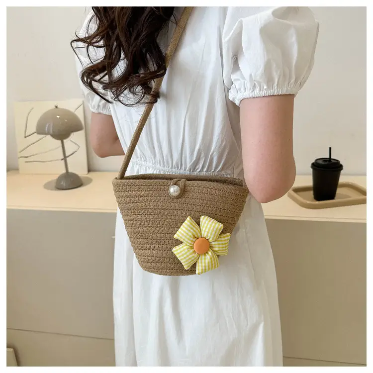 Woven Beige Shoulder Messenger Bag with Yellow Bow — feature 30