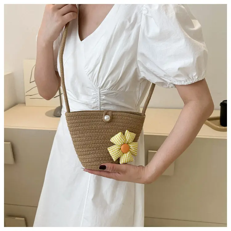 Woven Beige Shoulder Messenger Bag with Yellow Bow — feature 31