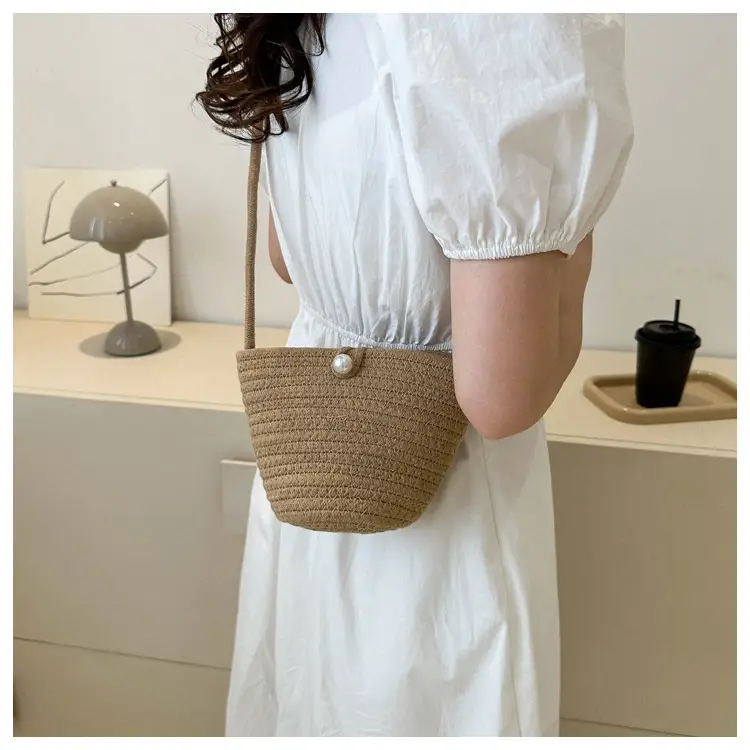 Woven Beige Shoulder Messenger Bag with Yellow Bow — feature 32