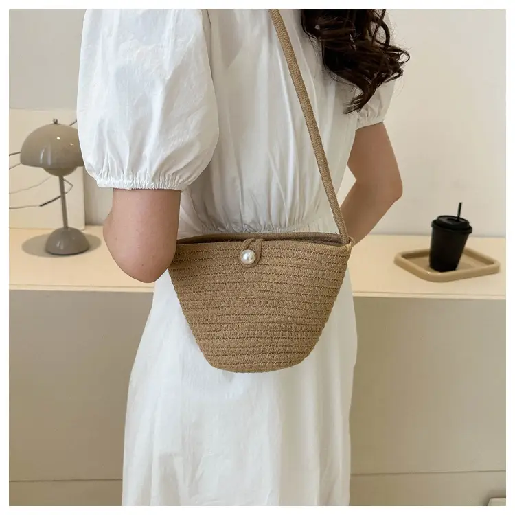 Woven Beige Shoulder Messenger Bag with Yellow Bow — feature 33