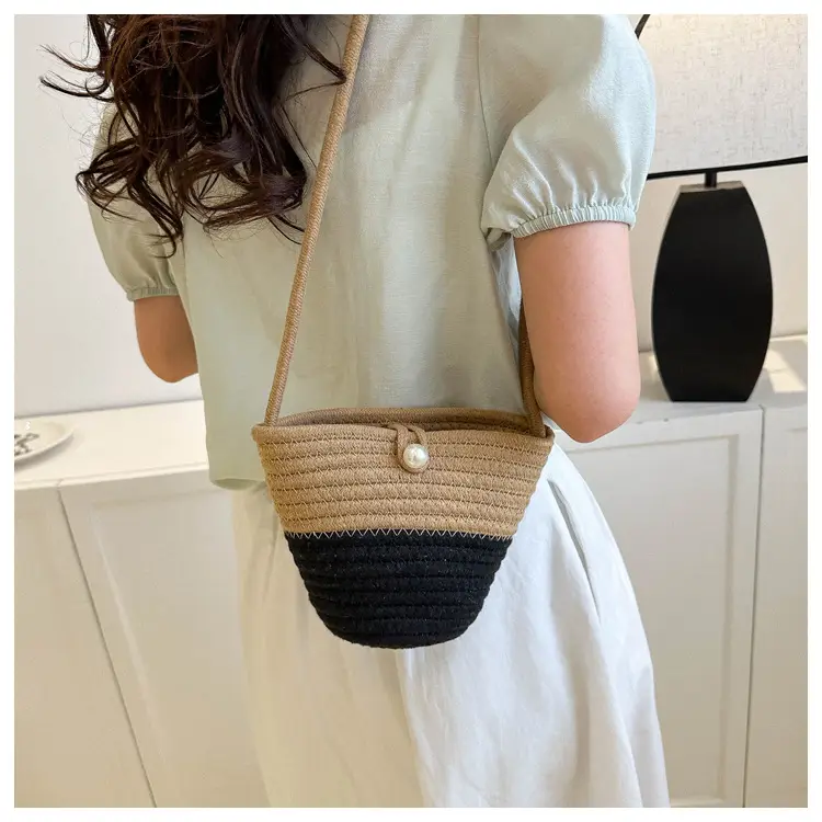 Woven Beige Shoulder Messenger Bag with Yellow Bow — feature 34