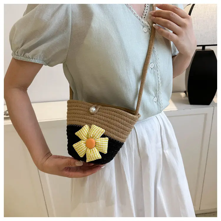 Woven Beige Shoulder Messenger Bag with Yellow Bow — feature 36