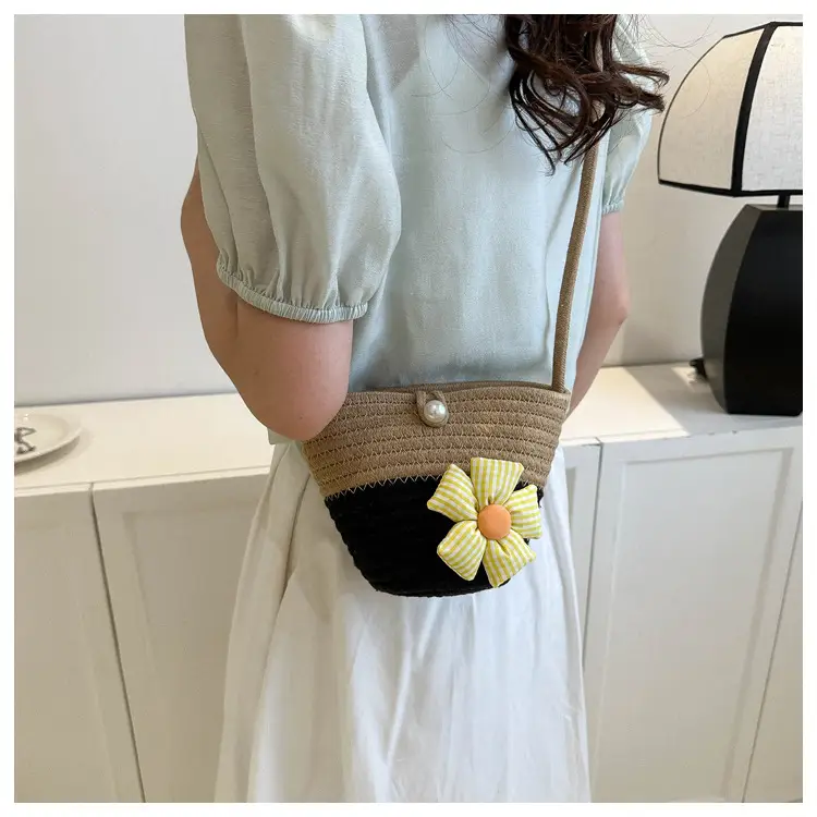 Woven Beige Shoulder Messenger Bag with Yellow Bow — feature 37