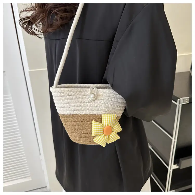 Woven Beige Shoulder Messenger Bag with Yellow Bow — feature 38