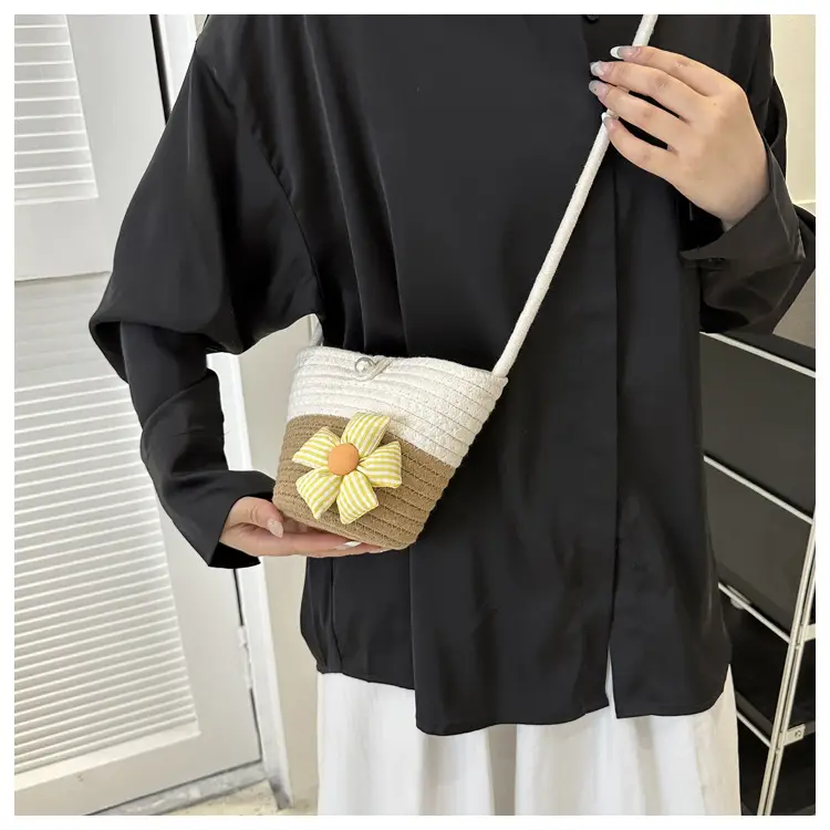 Woven Beige Shoulder Messenger Bag with Yellow Bow — feature 39