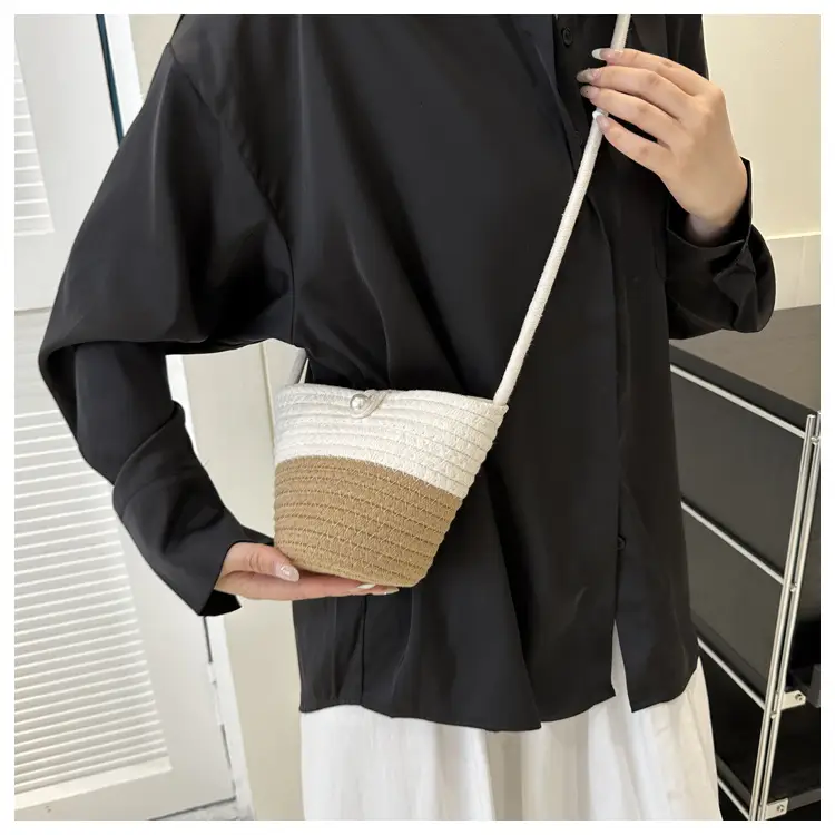 Woven Beige Shoulder Messenger Bag with Yellow Bow — feature 40