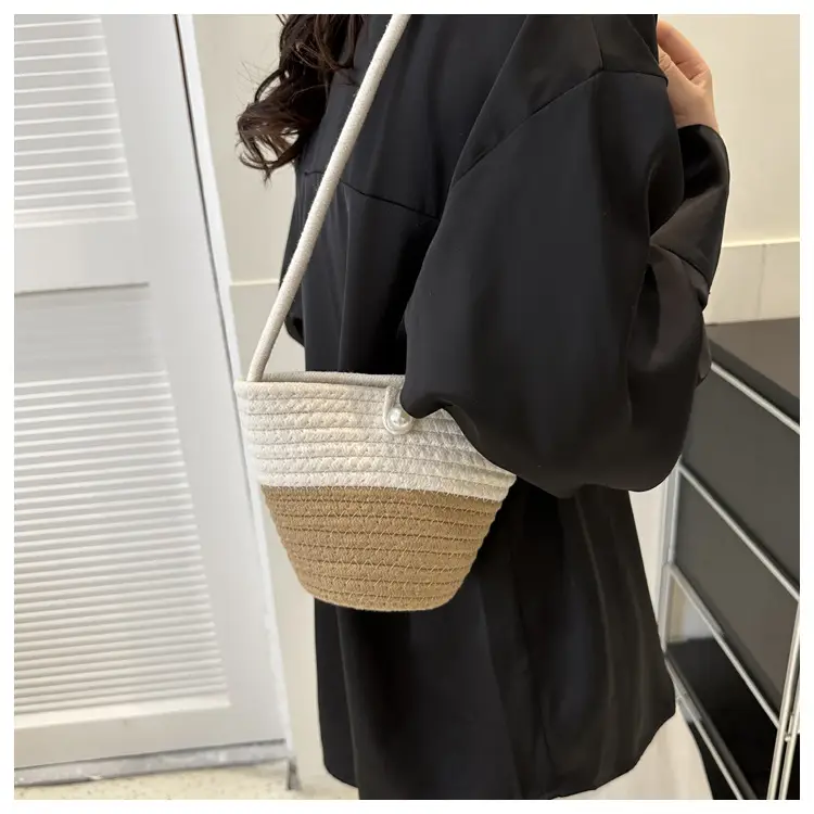 Woven Beige Shoulder Messenger Bag with Yellow Bow — feature 41