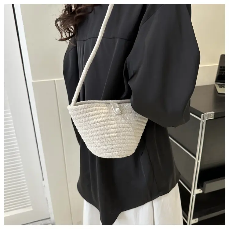 Woven Beige Shoulder Messenger Bag with Yellow Bow — feature 42