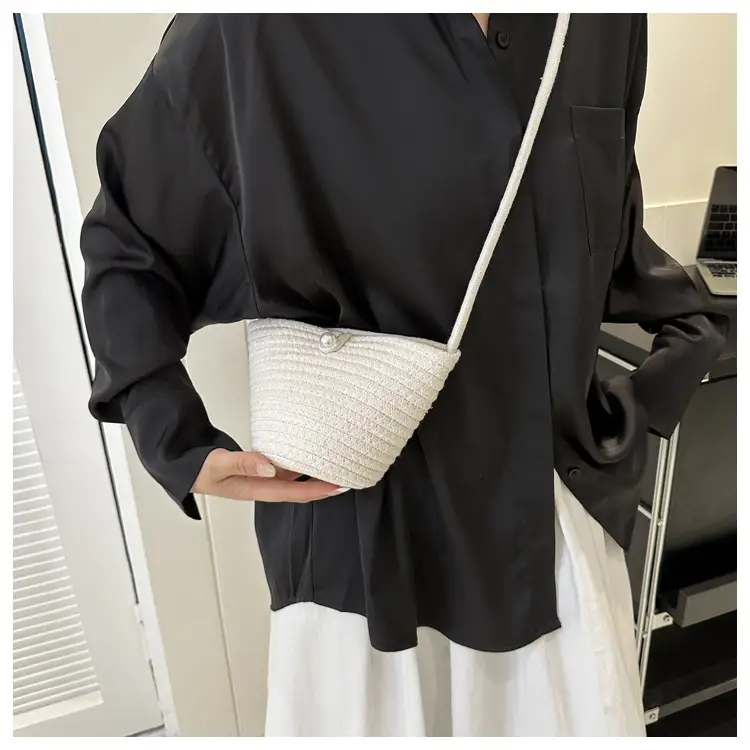 Woven Beige Shoulder Messenger Bag with Yellow Bow — feature 43