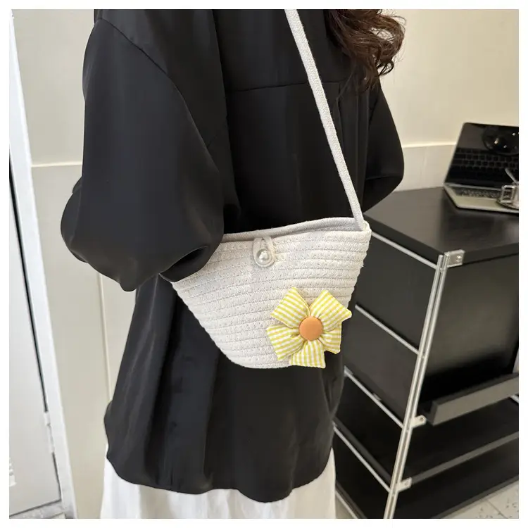 Woven Beige Shoulder Messenger Bag with Yellow Bow — feature 45