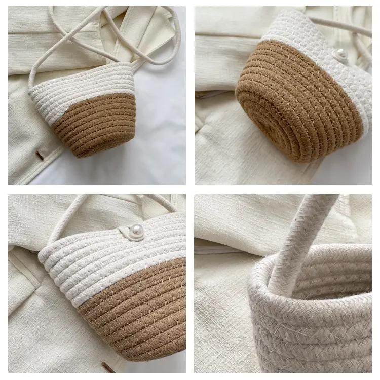 Woven Beige Shoulder Messenger Bag with Yellow Bow — feature 8