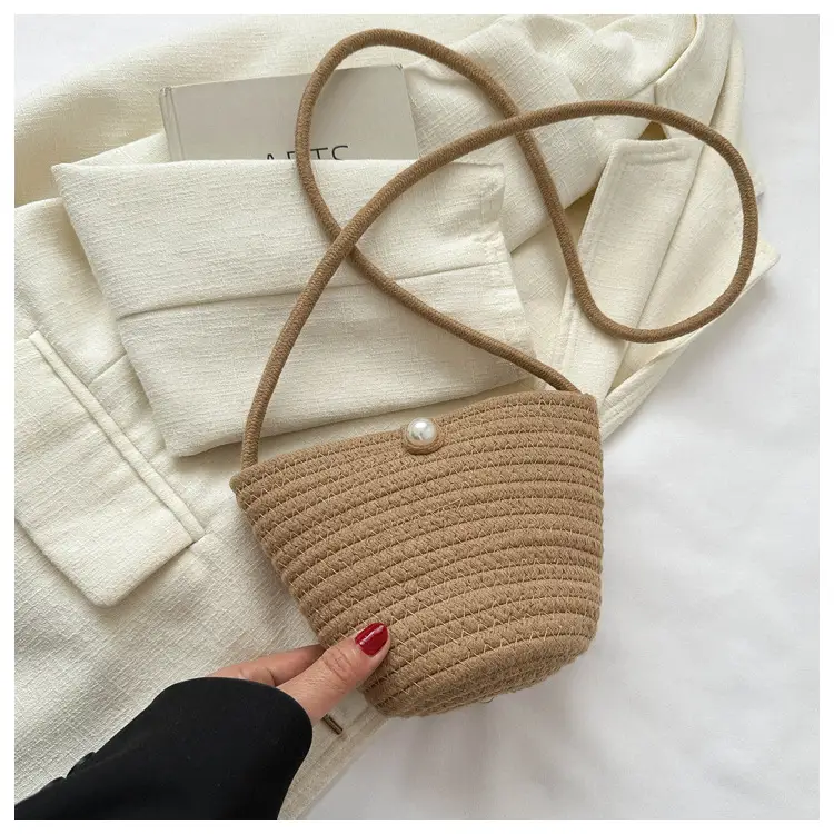 Woven Beige Shoulder Messenger Bag with Yellow Bow — feature 9