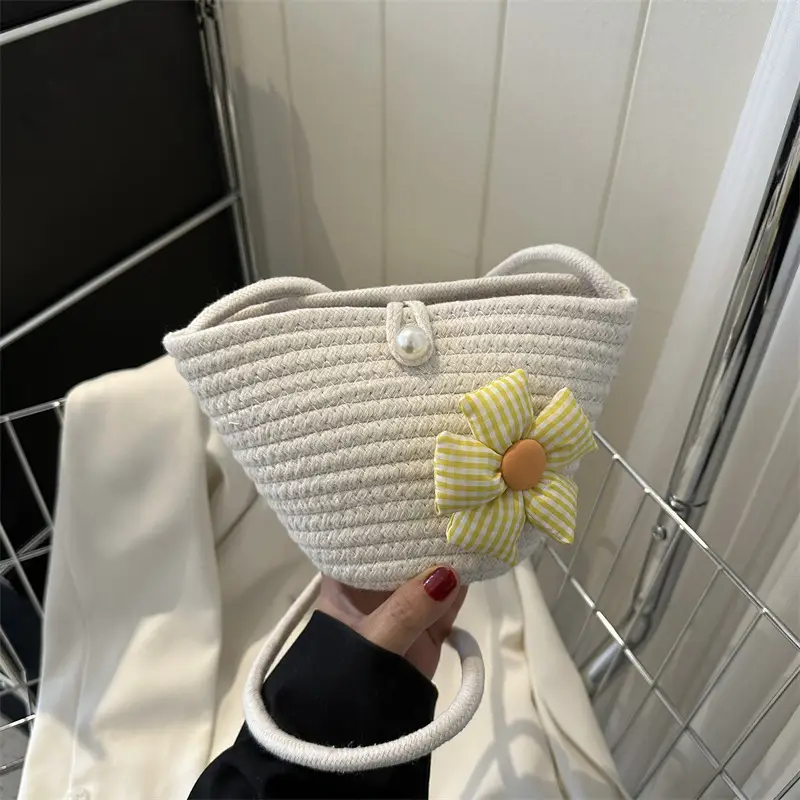 Woven Beige Shoulder Messenger Bag with Yellow Bow