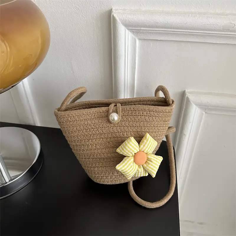 Woven Beige Shoulder Messenger Bag with Yellow Bow