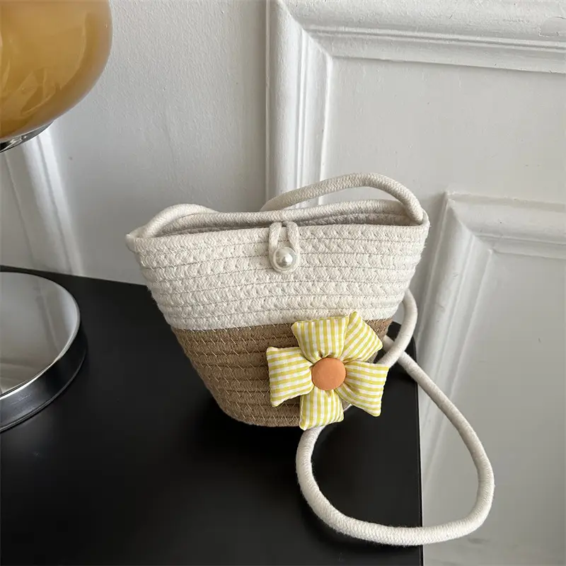 Woven Beige Shoulder Messenger Bag with Yellow Bow