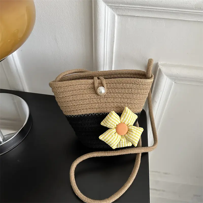 Woven Beige Shoulder Messenger Bag with Yellow Bow