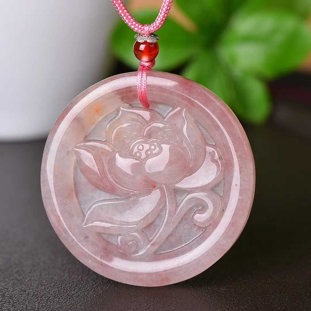 Jade Flower Pendant with Gold Plating Red Chain - Image 3
