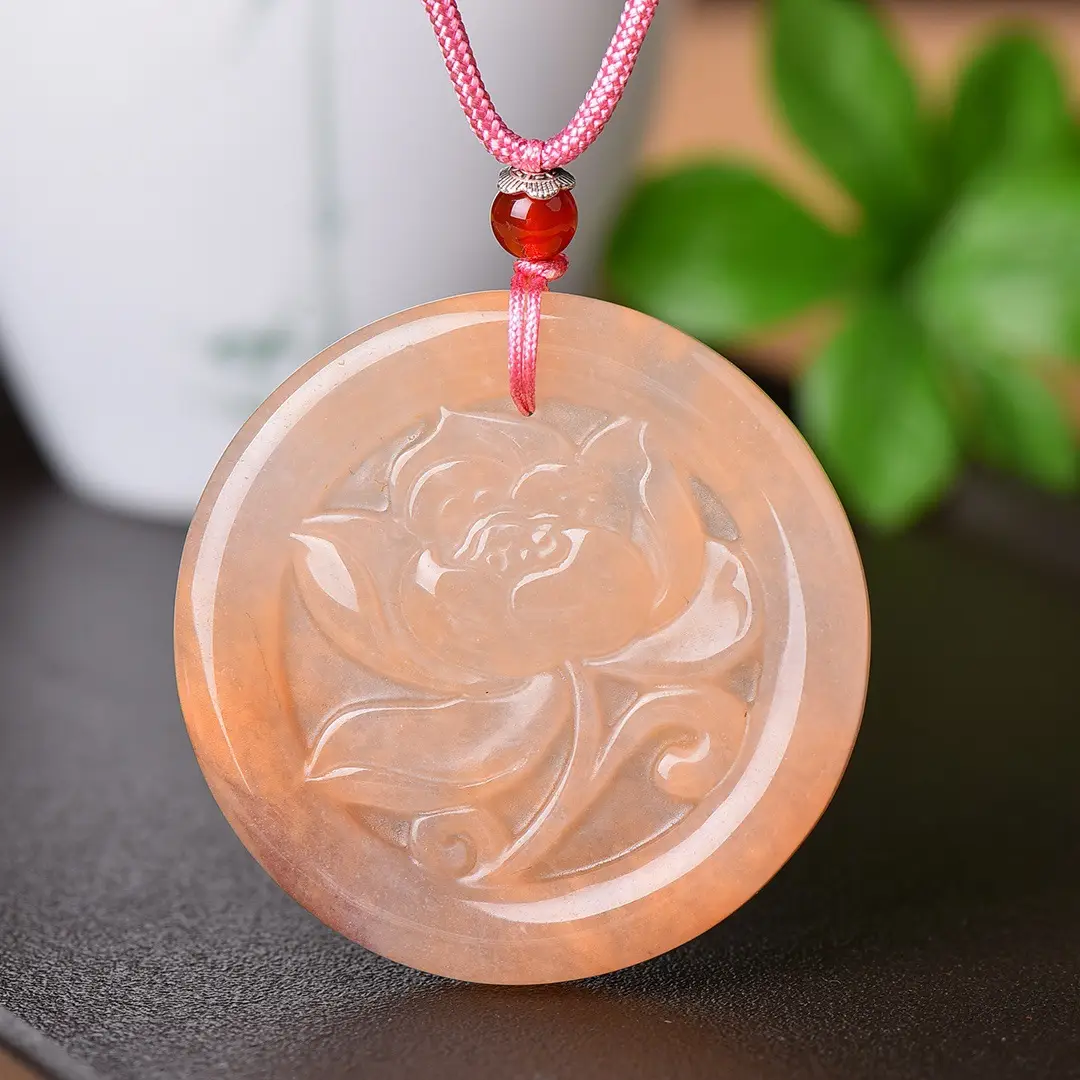 Jade Flower Pendant with Gold Plating Red Chain - Image 2