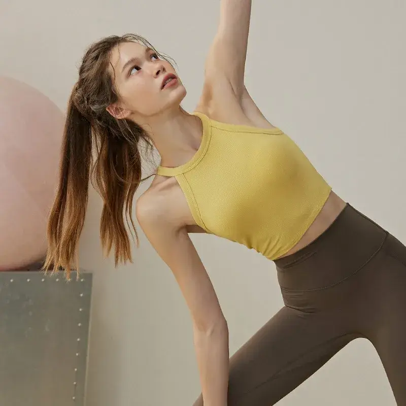 Women Anti-Sagging Yoga Pilates Fitness Bra Yellow Brown - Image 9