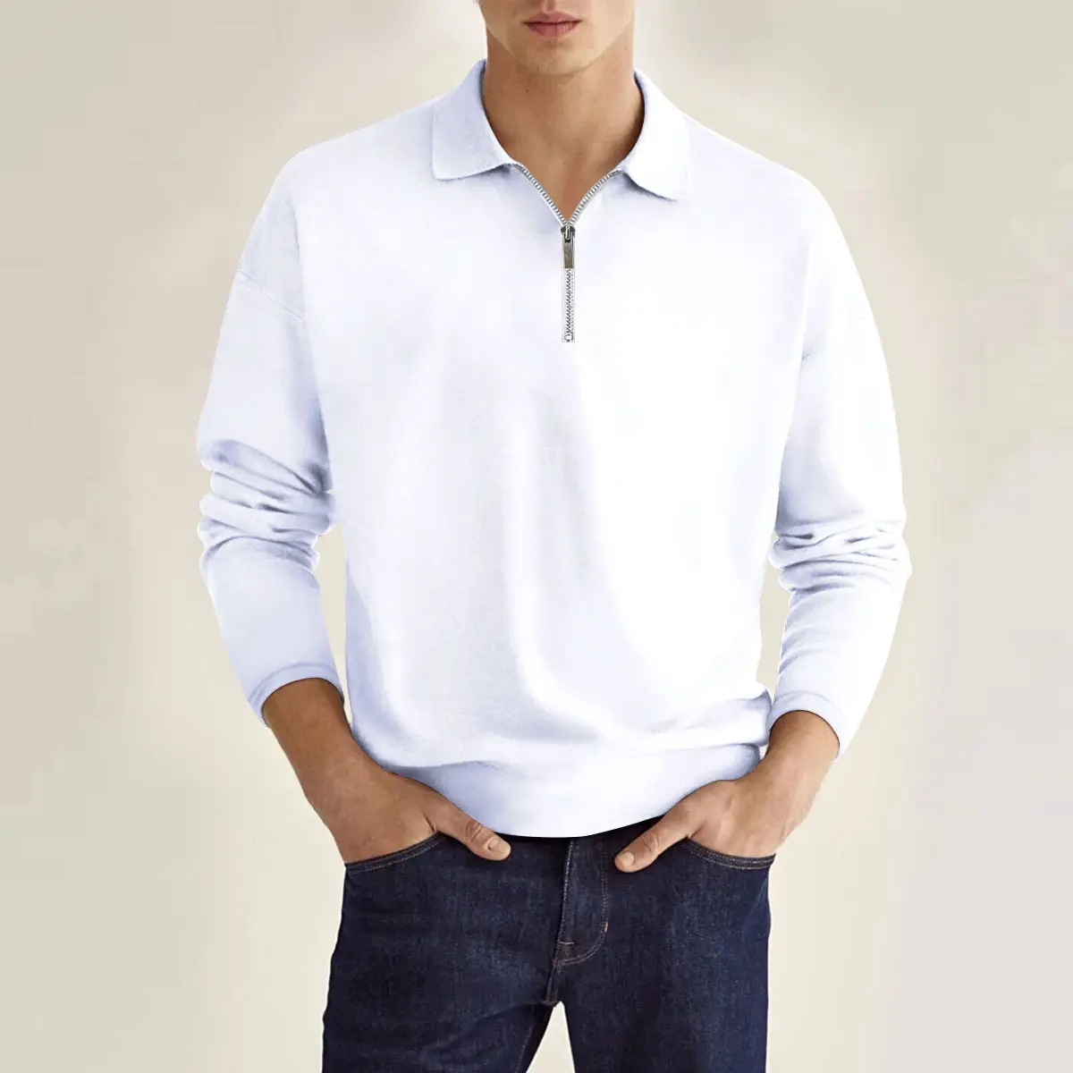 Men's Maroon Zipper Polo Shirt Long Sleeve Solid Color - Image 7