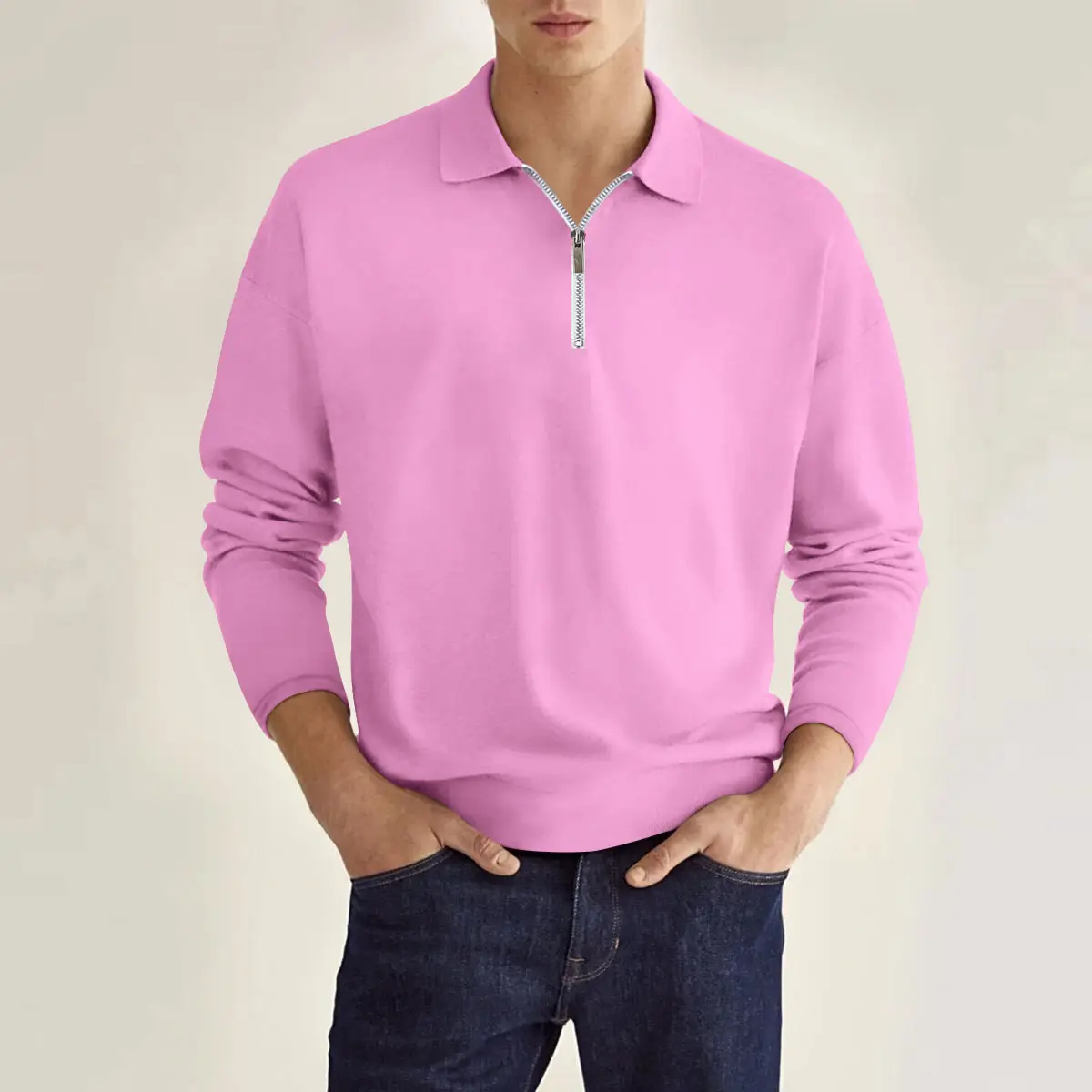 Men's Maroon Zipper Polo Shirt Long Sleeve Solid Color - Image 8