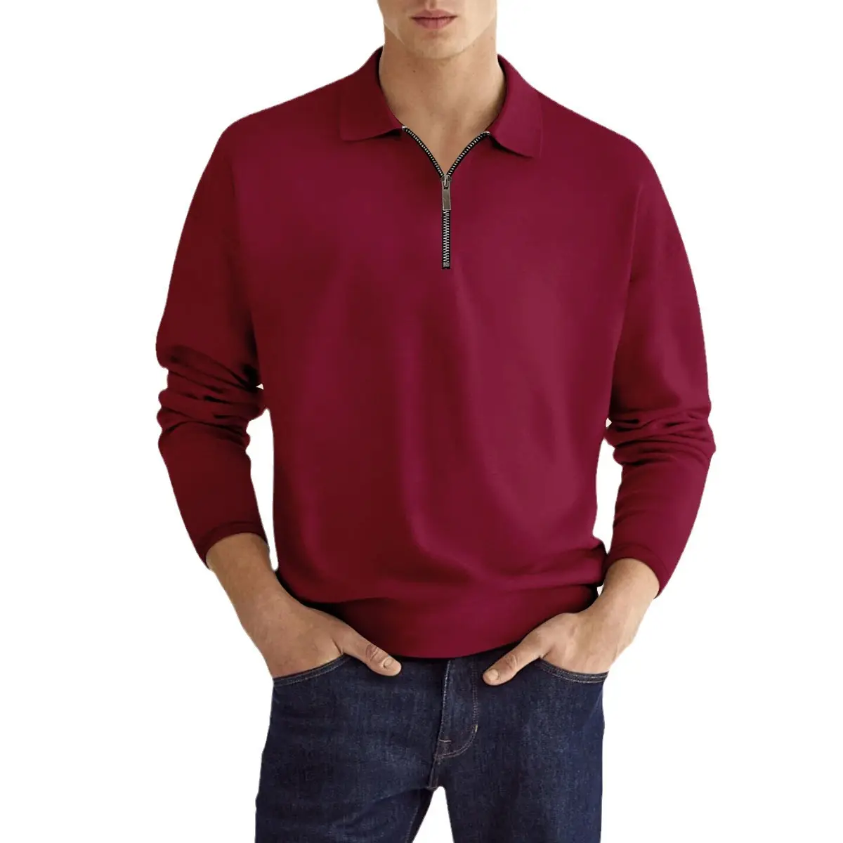 Men's Maroon Zipper Polo Shirt Long Sleeve Solid Color - Image 10