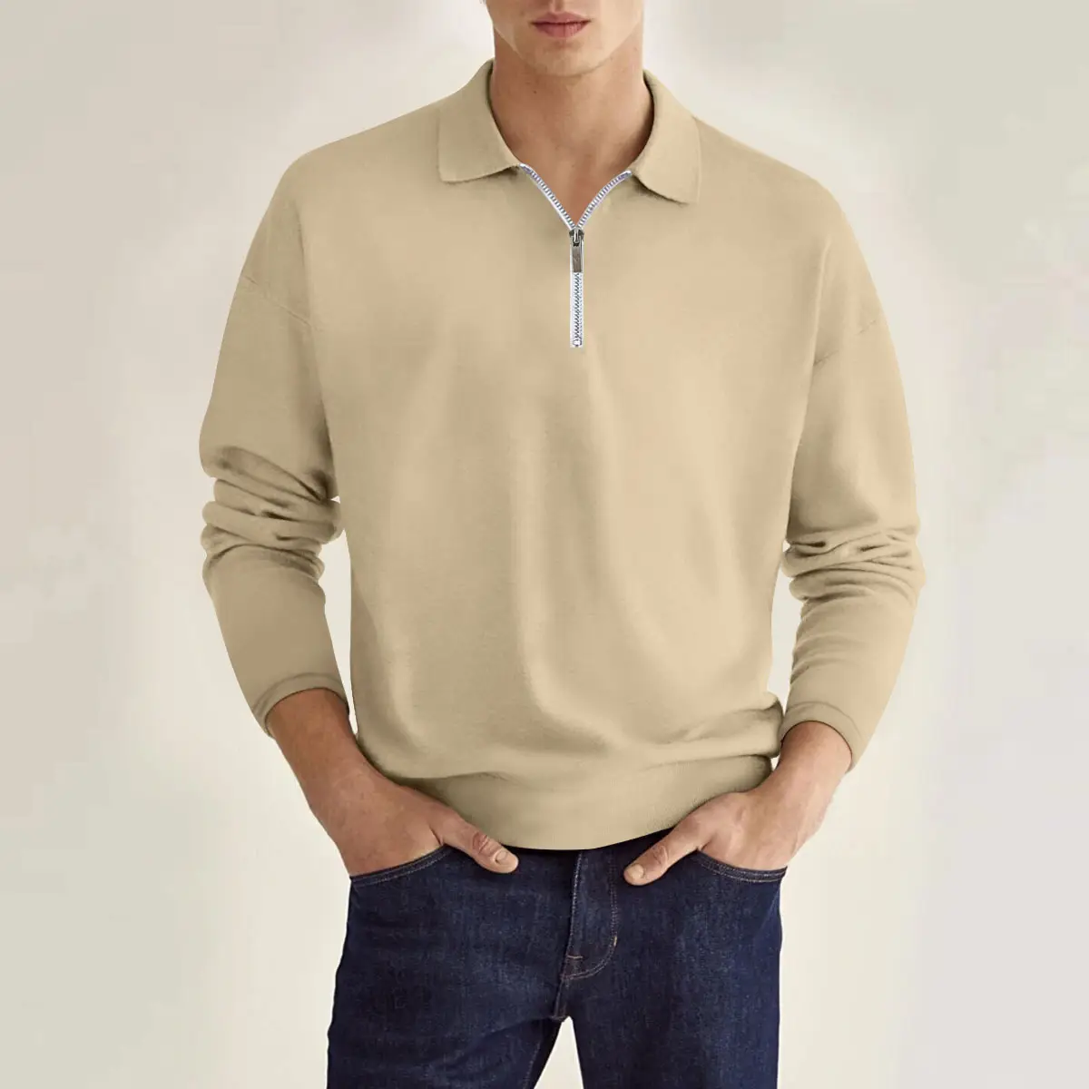 Men's Maroon Zipper Polo Shirt Long Sleeve Solid Color — feature 3