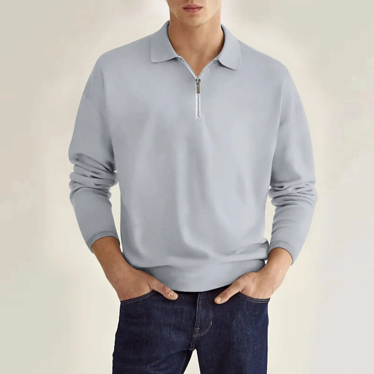 Men's Maroon Zipper Polo Shirt Long Sleeve Solid Color — feature 5