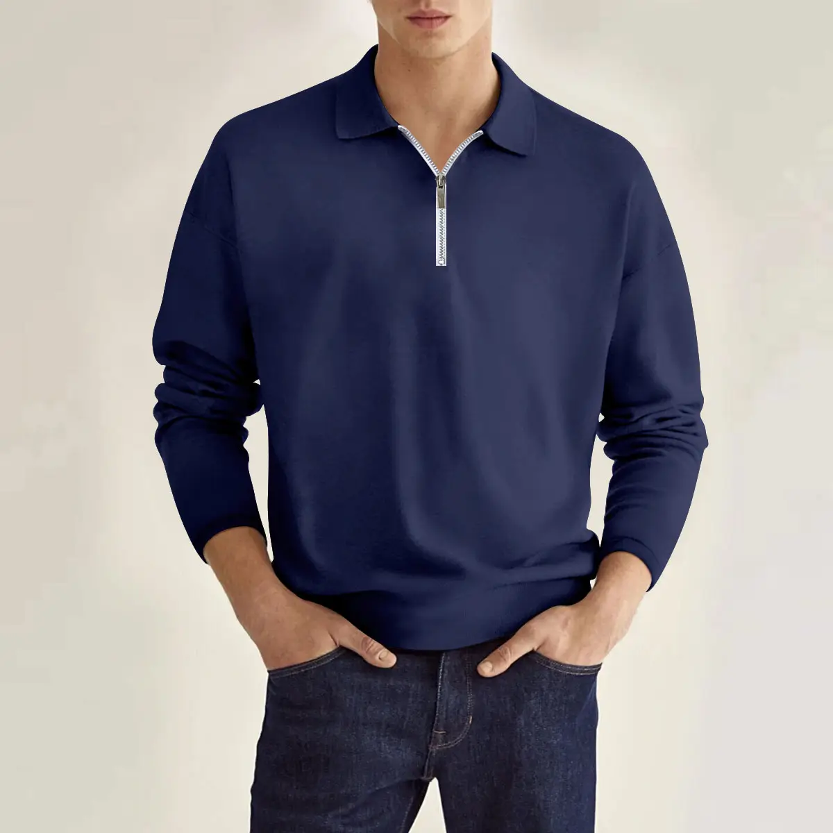 Men's Maroon Zipper Polo Shirt Long Sleeve Solid Color — feature 7