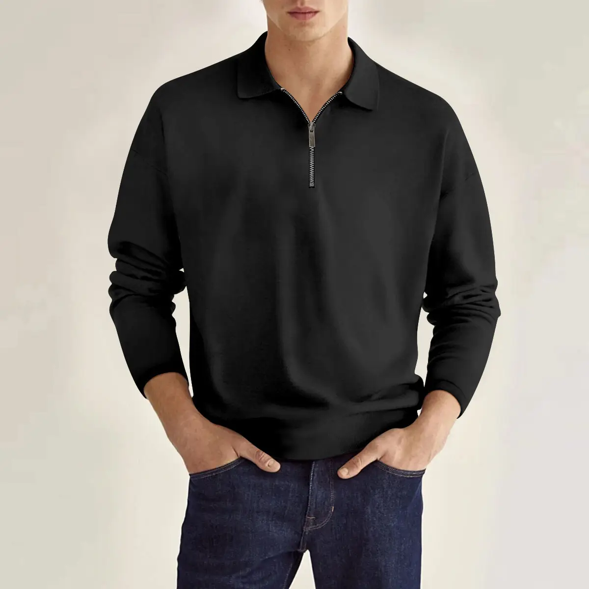 Men's Maroon Zipper Polo Shirt Long Sleeve Solid Color - Image 2