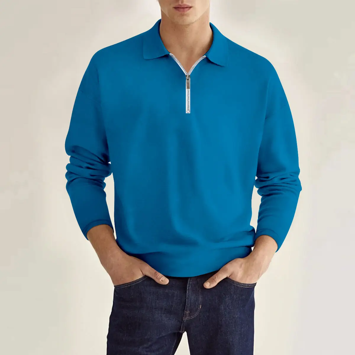 Men's Maroon Zipper Polo Shirt Long Sleeve Solid Color - Image 3