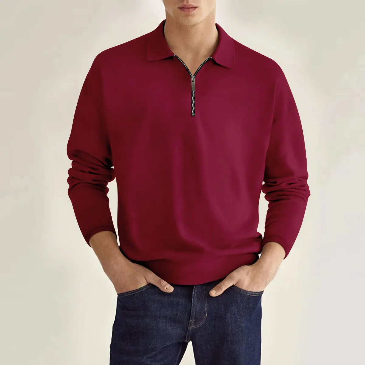 Men's Maroon Zipper Polo Shirt Long Sleeve Solid Color - Image 4