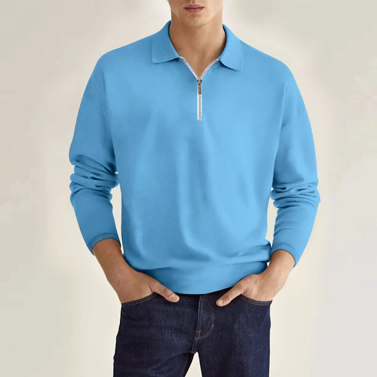 Men's Maroon Zipper Polo Shirt Long Sleeve Solid Color - Image 5
