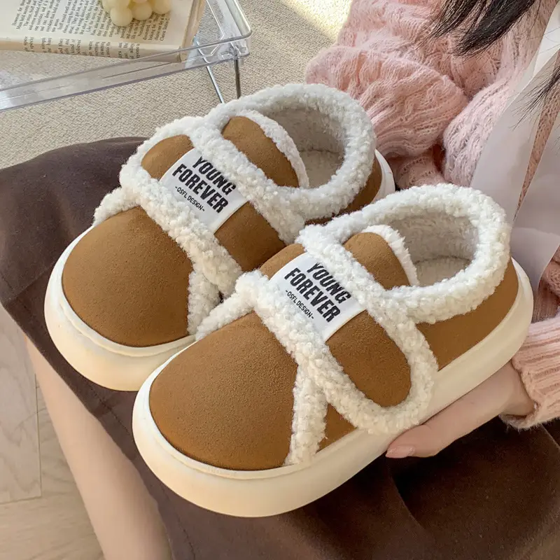 Retro Velcro cotton slippers women's winter bag heel home fleece-lined non-slip lamb plush warm cotton shoes for outer wear