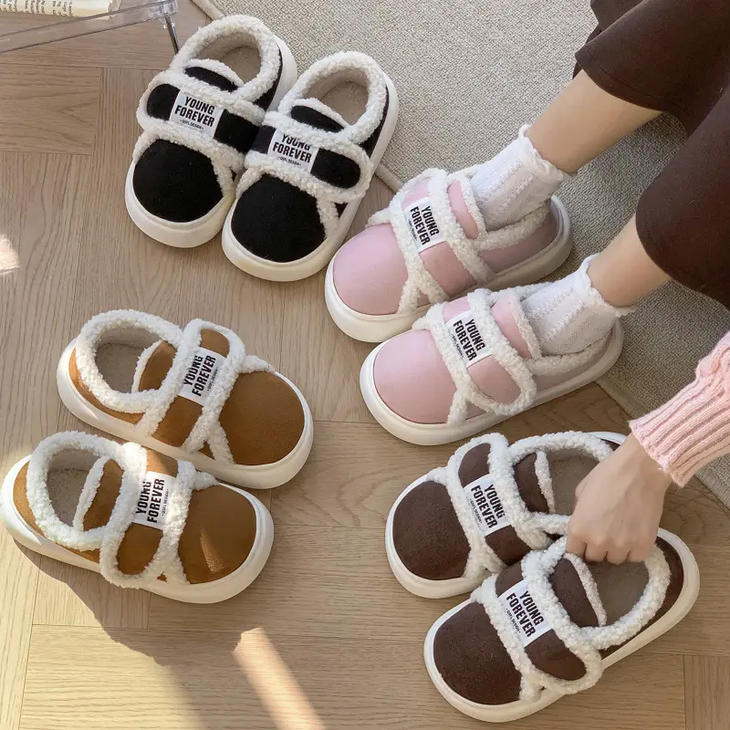 Retro Velcro cotton slippers women's winter bag heel home fleece-lined non-slip lamb plush warm cotton shoes for outer wear