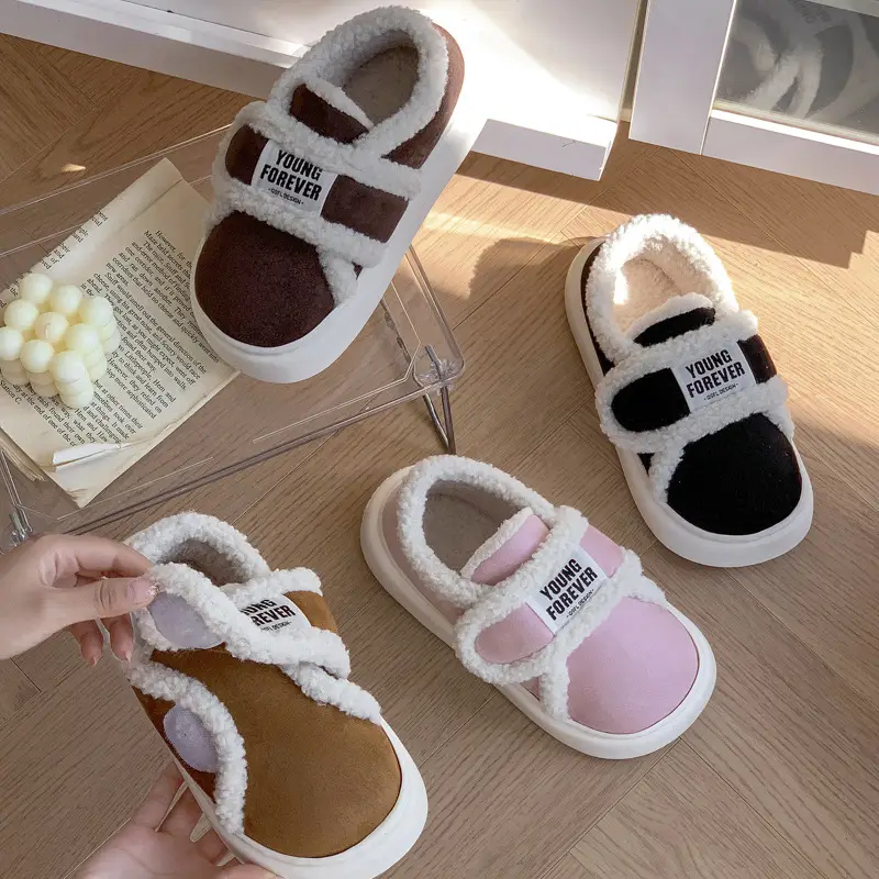 Retro Velcro cotton slippers women's winter bag heel home fleece-lined non-slip lamb plush warm cotton shoes for outer wear