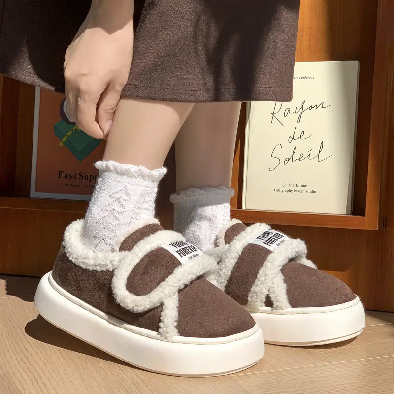 Retro Velcro cotton slippers women's winter bag heel home fleece-lined non-slip lamb plush warm cotton shoes for outer wear