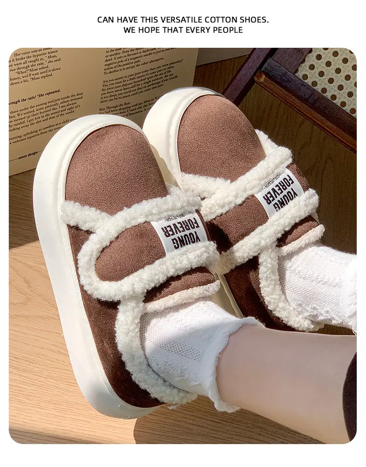 Retro Velcro cotton slippers women's winter bag heel home fleece-lined non-slip lamb plush warm cotton shoes for outer wear — feature 8