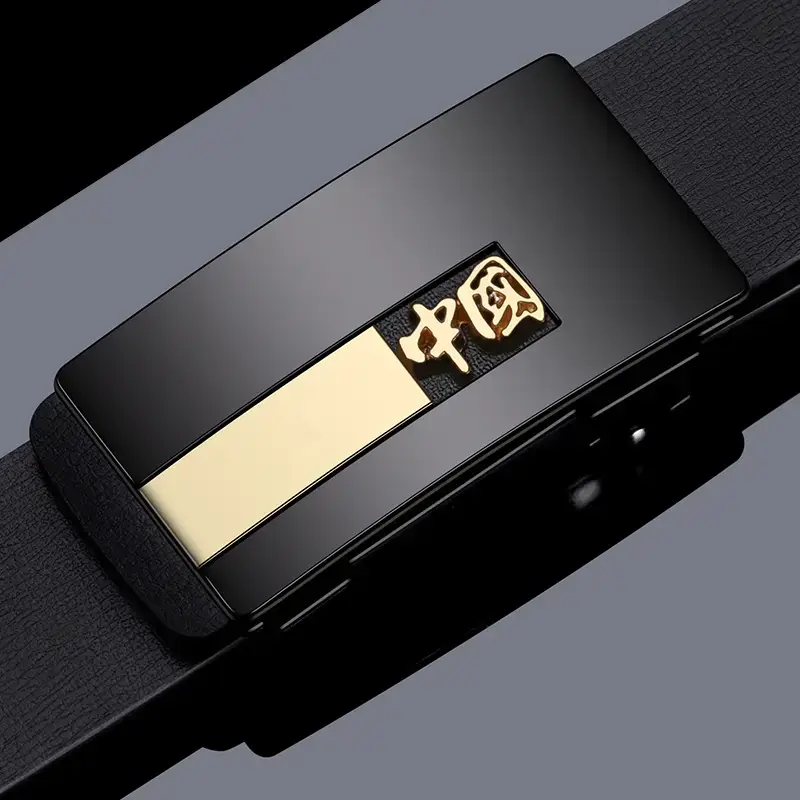 Men's Black Leather Belt with China Logo & Gold Plated Buckle - Image 3