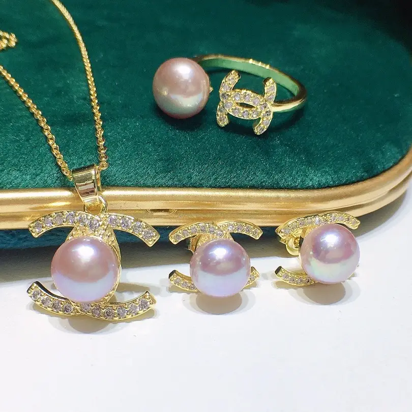 Pearl Necklace Earrings Ring Pendant Set Pink Gold - Image 11