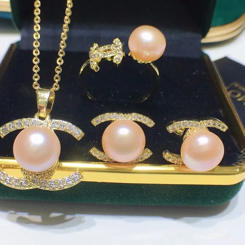 Pearl Necklace Earrings Ring Pendant Set Pink Gold - Image 12