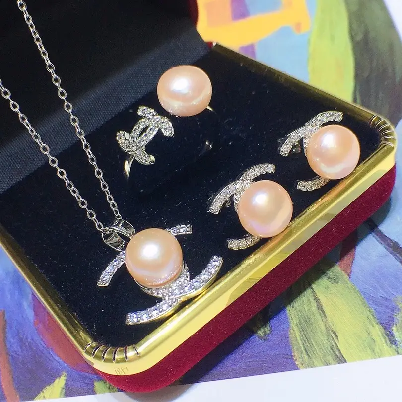 Pearl Necklace Earrings Ring Pendant Set Pink Gold - Image 13