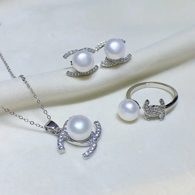 Pearl Necklace Earrings Ring Pendant Set Pink Gold - Image 14