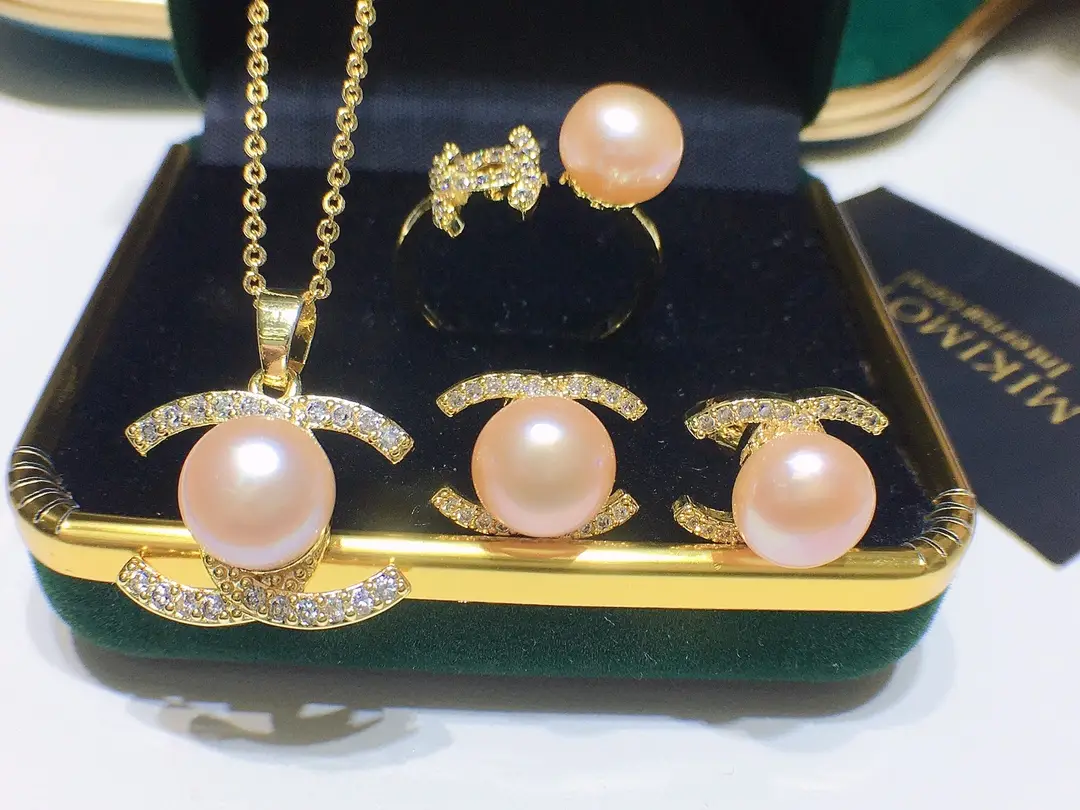 Pearl Necklace Earrings Ring Pendant Set Pink Gold — feature 10